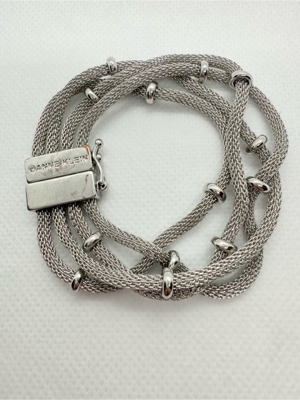Anne Klein Silver Layered Mesh Bracelet with Polished Rings